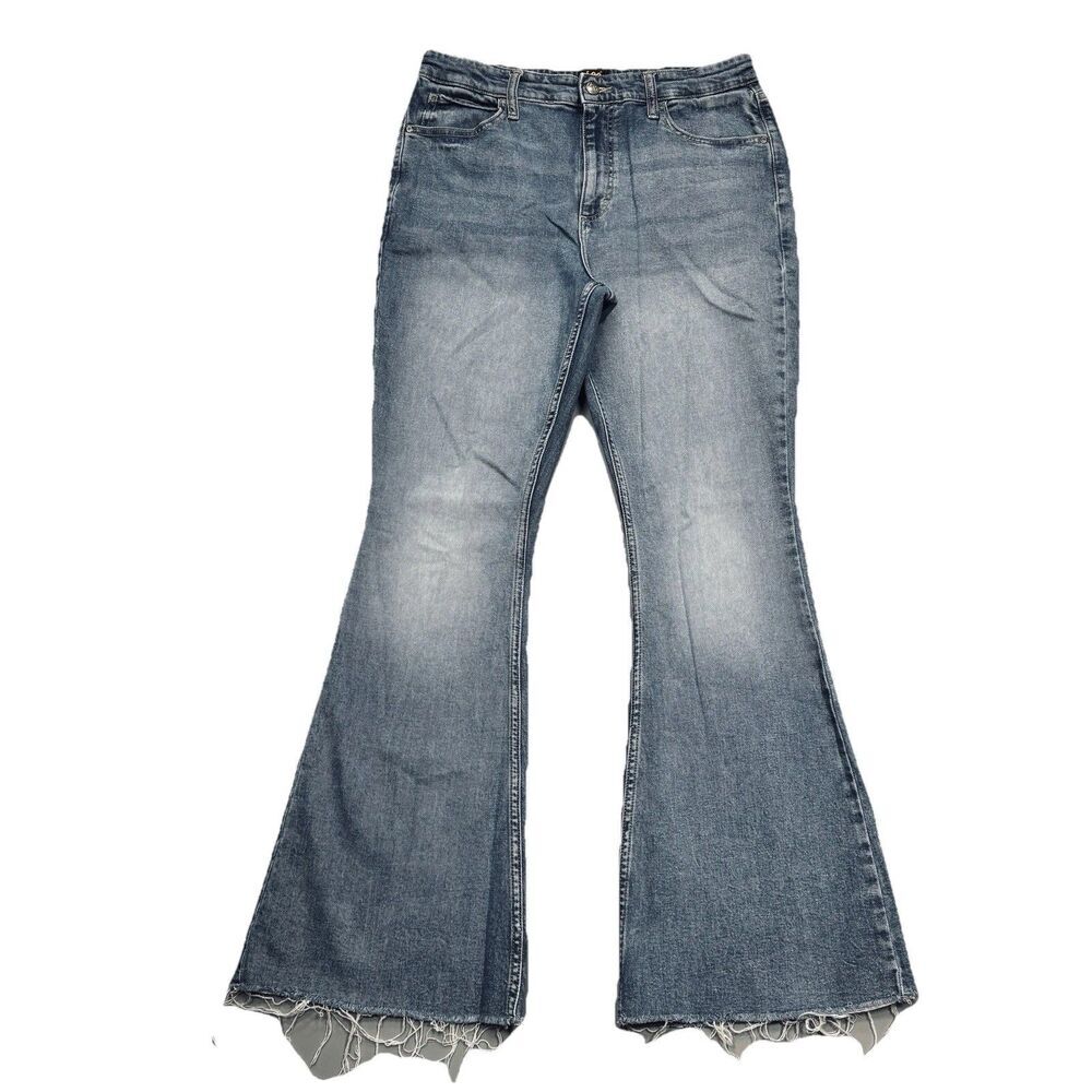 Lee High Rise Flare Jeans 12 (31x30) Medium Blue Denim Stretch Raw Hem Womens